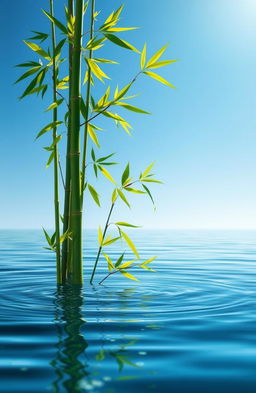 A strong and independent symbolic representation of adaptability and resilience featuring lush green bamboo swaying gently in a tranquil water setting
