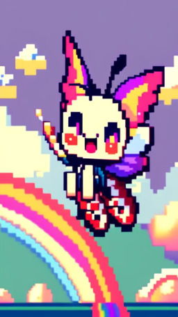 Pixel art profile picture of a butterfly riding a rainbow.