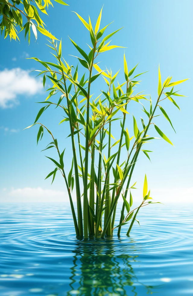 A strong and independent symbolic representation of adaptability and resilience featuring lush green bamboo swaying gently in a tranquil water setting