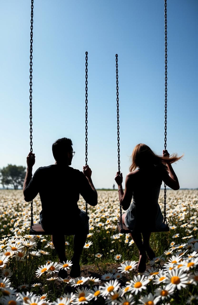 Black silhouettes of a man with short hair and a woman with long hair swinging on swings in a park surrounded by a field of daisies (flowers)