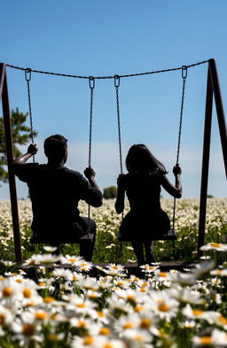 Black silhouettes of a man with short hair and a woman with long hair swinging on swings in a park surrounded by a field of daisies (flowers)