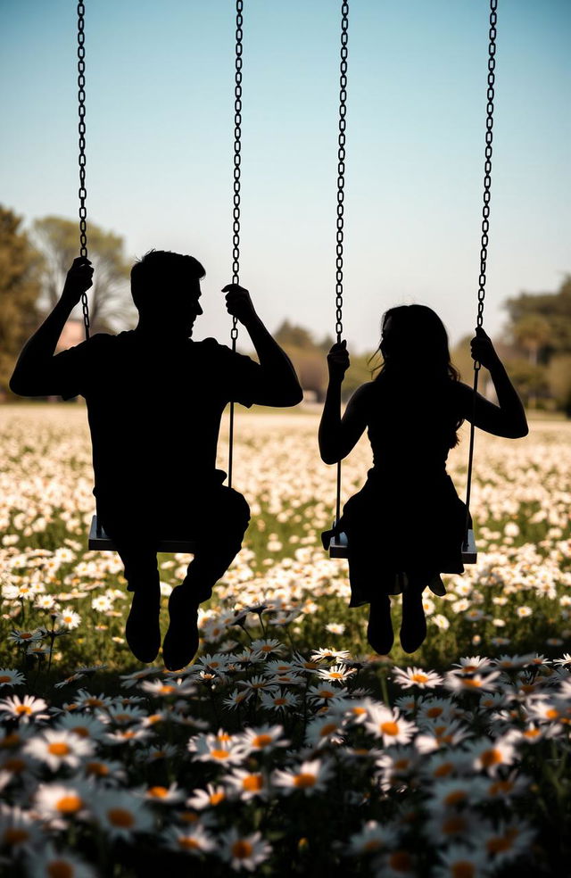 Black silhouettes of a man with short hair and a woman with long hair swinging on swings in a park surrounded by a field of daisies (flowers)