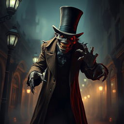 A monstrous creature dressed in elaborate Victorian clothing, featuring a top hat and a long, ornate coat