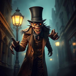 A monstrous creature dressed in elaborate Victorian clothing, featuring a top hat and a long, ornate coat