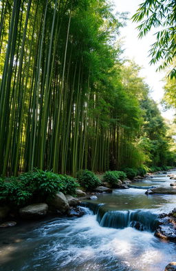 A serene landscape featuring a lush bamboo grove with tall, green bamboo stalks gently swaying in a soft breeze