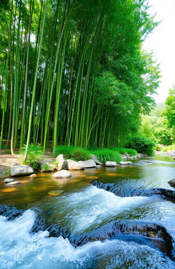 A serene landscape featuring a lush bamboo grove with tall, green bamboo stalks gently swaying in a soft breeze