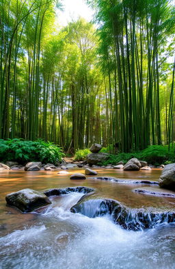 A serene landscape featuring a lush bamboo grove with tall, green bamboo stalks gently swaying in a soft breeze