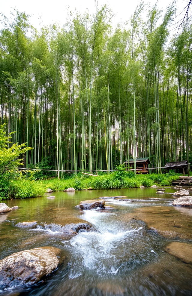 A serene landscape featuring a lush bamboo grove with tall, green bamboo stalks gently swaying in a soft breeze