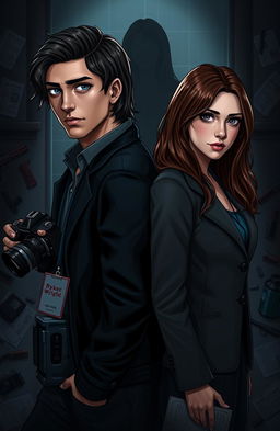 A dark and romantic scene depicting two protagonists standing back to back