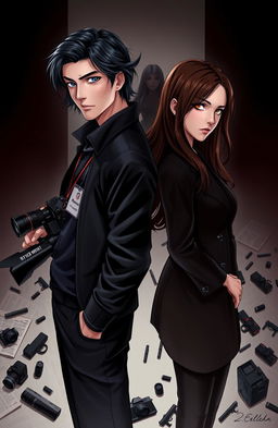 A dark and romantic scene depicting two protagonists standing back to back