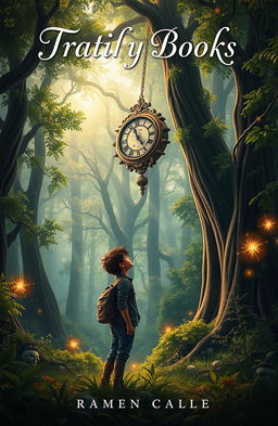 A fantasy book cover depicting a vast, mystical forest filled with towering trees and vibrant greenery