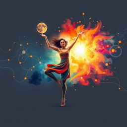 A conceptual artwork illustrating the philosophy of brain and body connectivity, showcasing a confident figure in motion, embodying the essence of freedom and self-assurance