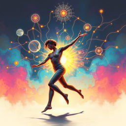 A conceptual artwork illustrating the philosophy of brain and body connectivity, showcasing a confident figure in motion, embodying the essence of freedom and self-assurance