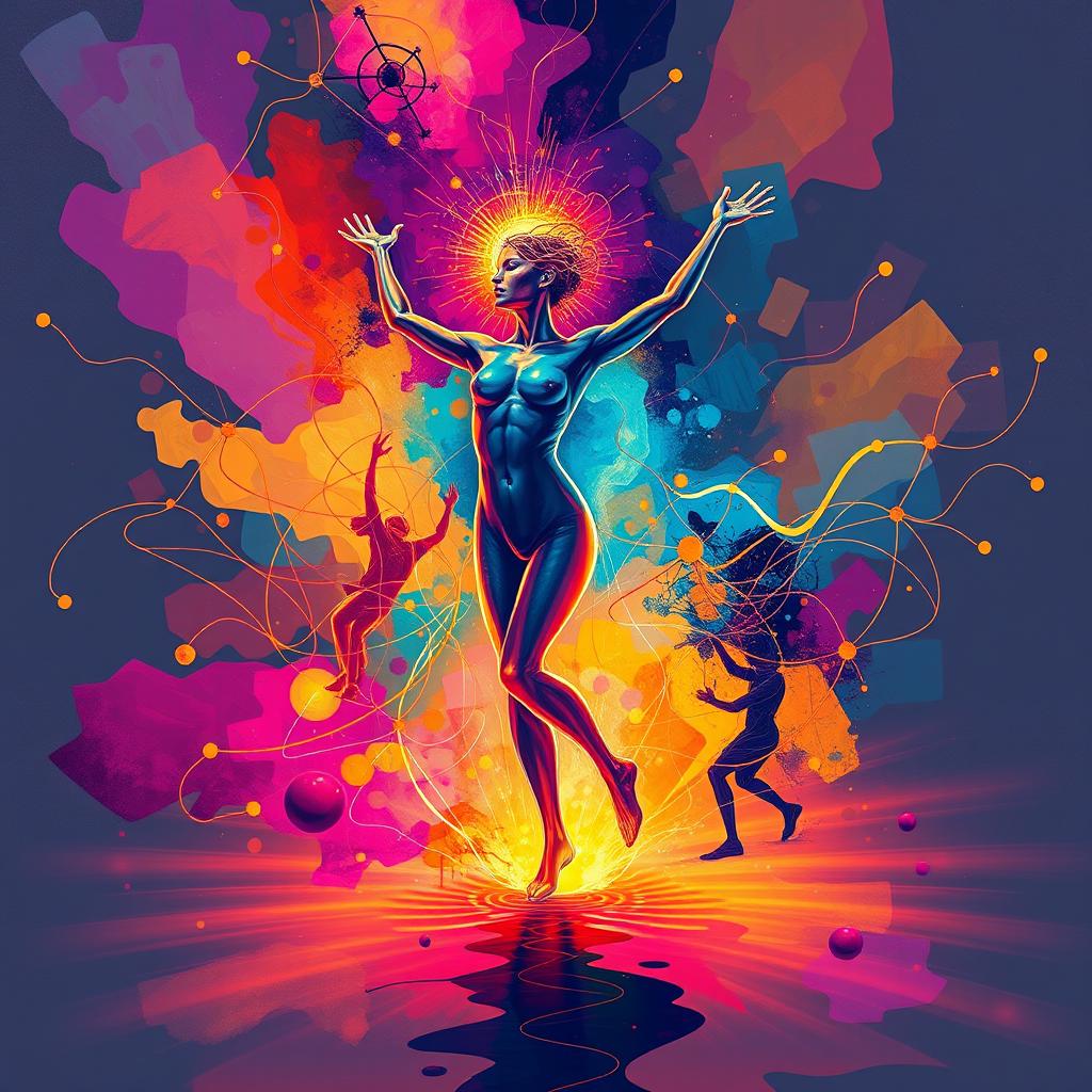 A conceptual artwork illustrating the philosophy of brain and body connectivity, showcasing a confident figure in motion, embodying the essence of freedom and self-assurance