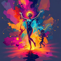 A conceptual artwork illustrating the philosophy of brain and body connectivity, showcasing a confident figure in motion, embodying the essence of freedom and self-assurance