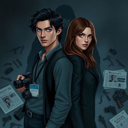 A dark and romantic scene depicting two protagonists standing back to back