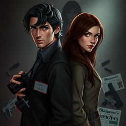 A dark and romantic scene depicting two protagonists standing back to back