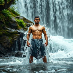 A striking visual concept illustrating the philosophy of resilience in the connection between brain and body, featuring a figure standing strong amidst a cascading waterfall