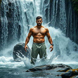 A striking visual concept illustrating the philosophy of resilience in the connection between brain and body, featuring a figure standing strong amidst a cascading waterfall