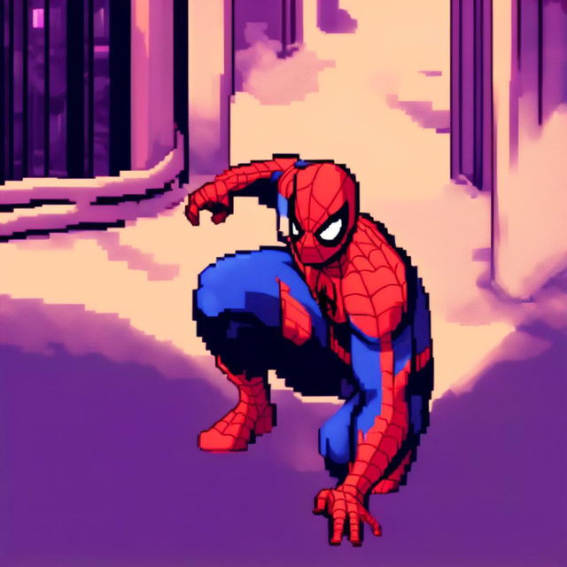 Pixel art profile picture of Marvel's Spiderman in his iconic red and blue suit against a black background.