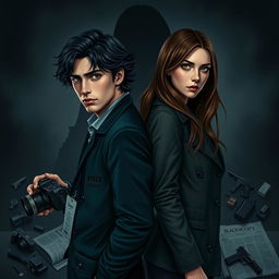 A dark and romantic scene featuring two protagonists standing back to back