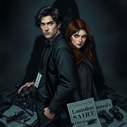 A dark and romantic scene featuring two protagonists standing back to back
