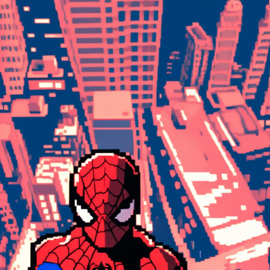 Pixel art profile picture of Marvel's Spiderman in his iconic red and blue suit, set against a pixelated cityscape.