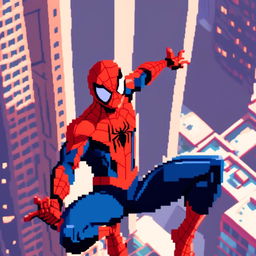 Pixel art profile picture of Marvel's Spiderman in his iconic red and blue suit, set against a pixelated cityscape.