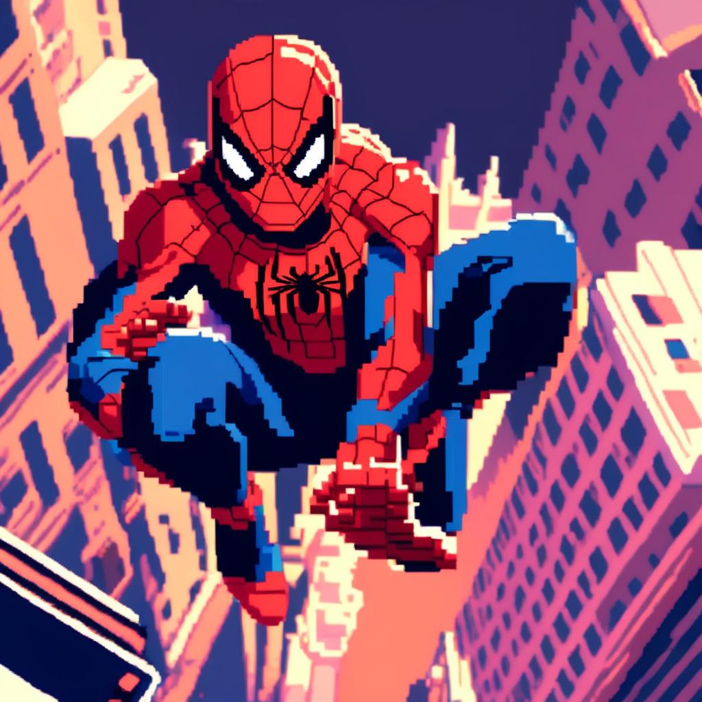 Pixel art profile picture of Marvel's Spiderman in his iconic red and blue suit, set against a pixelated cityscape.