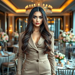 Aurelia, a stunning brunette woman with striking black eyes, confidently stands in an elegant office setting