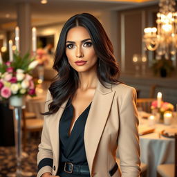 Aurelia, a stunning brunette woman with striking black eyes, confidently stands in an elegant office setting