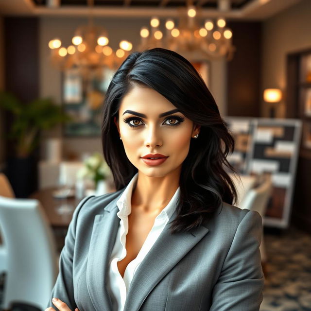 Aurelia, a stunning dark-haired woman with captivating black eyes, portraying a confident event manager in a chic office environment