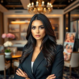 Aurelia, a stunning dark-haired woman with captivating black eyes, portraying a confident event manager in a chic office environment