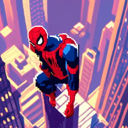 Pixel art profile picture of Marvel's Spiderman in his iconic red and blue suit, set against a pixelated cityscape.