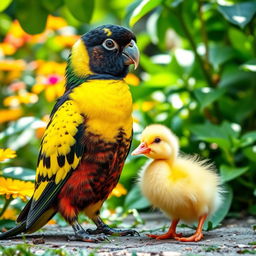 A vibrant and colorful Nanday Parakeet standing next to a cute, fluffy duckling in a lush, green garden