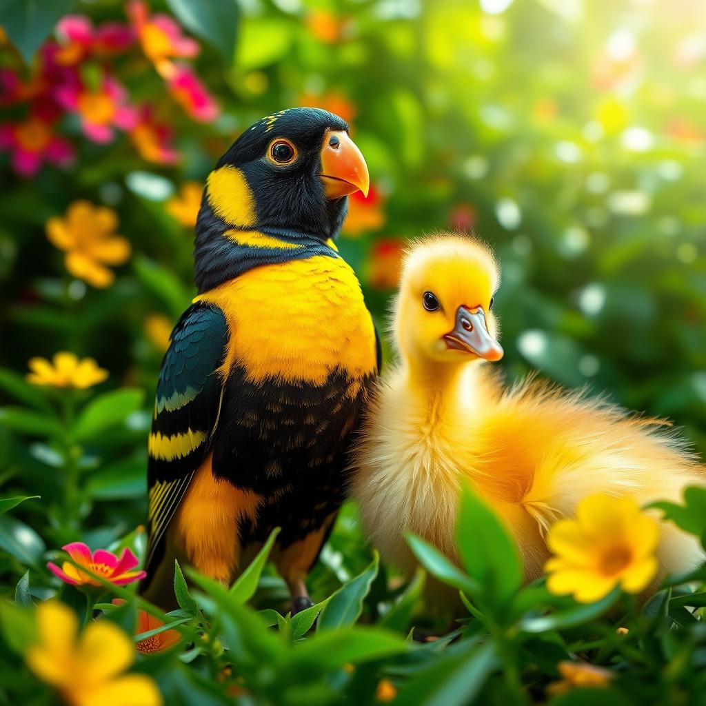 A vibrant and colorful Nanday Parakeet standing next to a cute, fluffy duckling in a lush, green garden