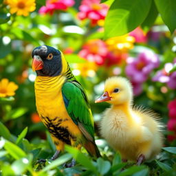 A vibrant and colorful Nanday Parakeet standing next to a cute, fluffy duckling in a lush, green garden