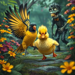 A whimsical scene featuring a colorful Nanday Parakeet and a fluffy yellow duckling dramatically fleeing from a cartoonish zombie in a vibrant, overgrown garden