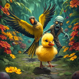 A whimsical scene featuring a colorful Nanday Parakeet and a fluffy yellow duckling dramatically fleeing from a cartoonish zombie in a vibrant, overgrown garden