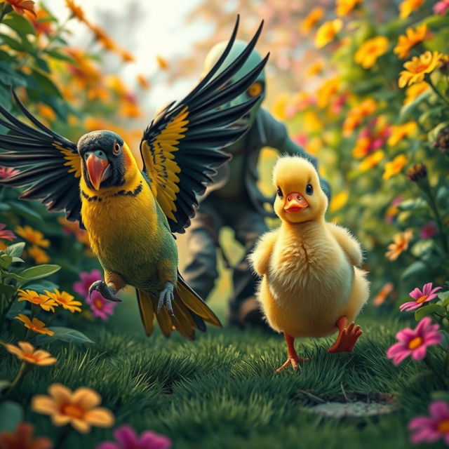 A whimsical scene featuring a colorful Nanday Parakeet and a fluffy yellow duckling dramatically fleeing from a cartoonish zombie in a vibrant, overgrown garden