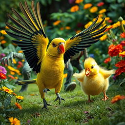 A whimsical scene featuring a colorful Nanday Parakeet and a fluffy yellow duckling dramatically fleeing from a cartoonish zombie in a vibrant, overgrown garden