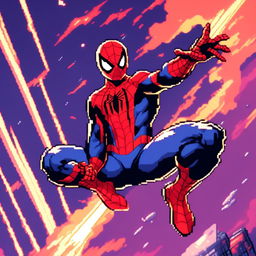 Pixel art profile picture of Marvel's Spiderman in his iconic red and blue suit set against a cosmic backdrop.