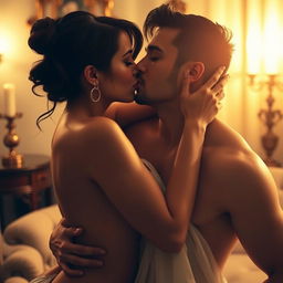 A seductive scene featuring a sensual woman kissing a man, with a focus on intimacy and allure