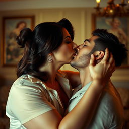 A seductive scene featuring a sensual woman kissing a man, with a focus on intimacy and allure