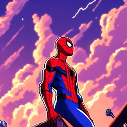 Pixel art profile picture of Marvel's Spiderman in his iconic red and blue suit set against a cosmic backdrop.