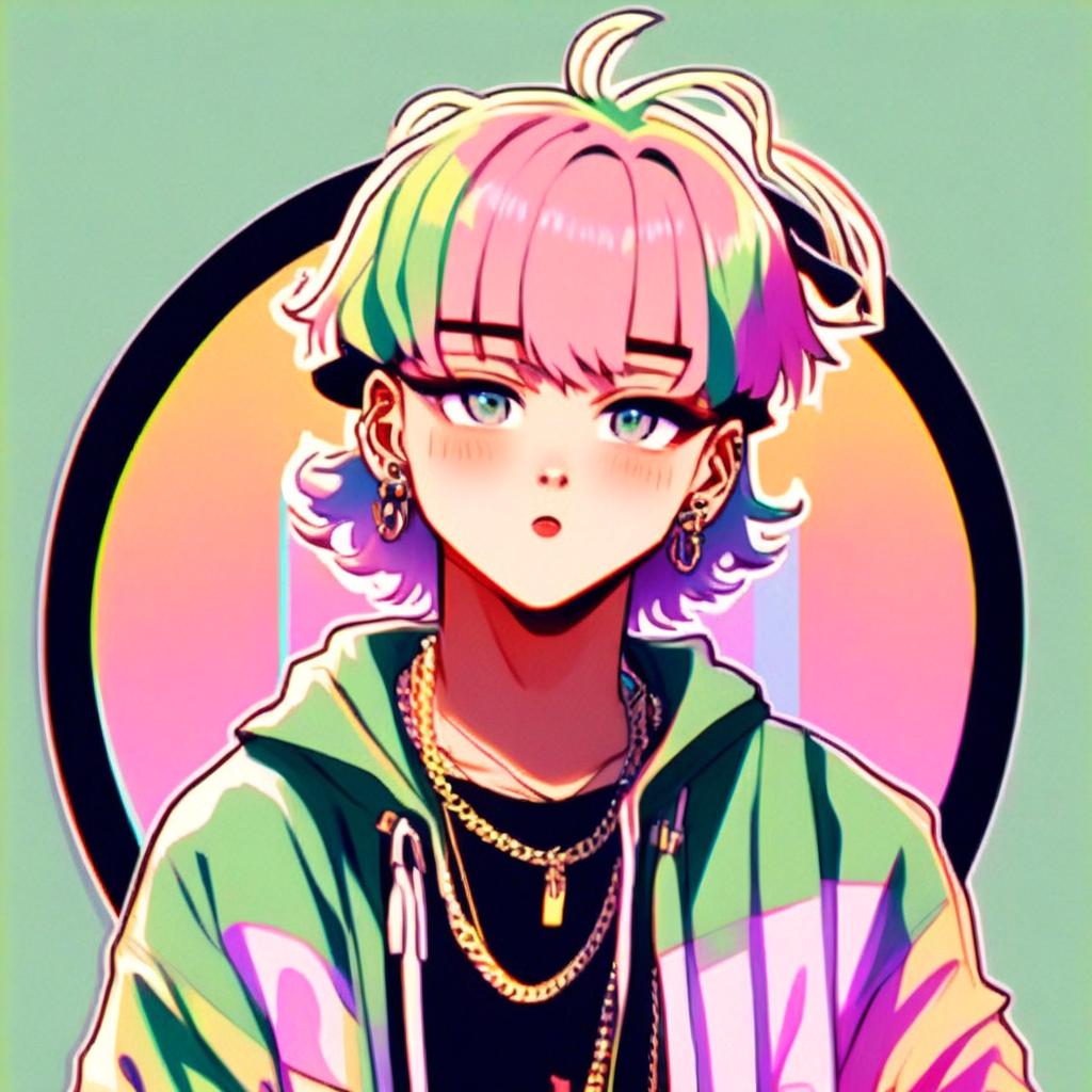 Anime-style rapper with pastel-colored hair and outfit in a circular profile picture with a pastel background.