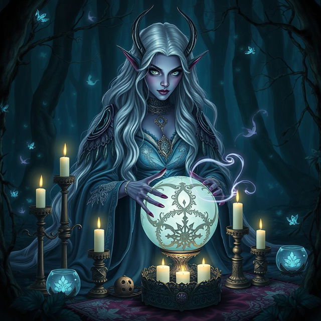 A mystical drow fortune teller in a dark, enchanted forest