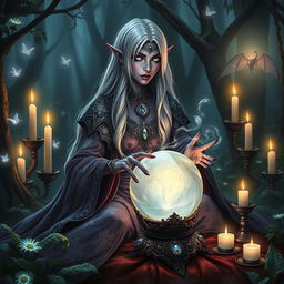 A mystical drow fortune teller in a dark, enchanted forest