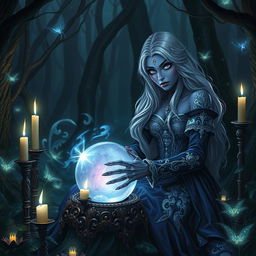A mystical drow fortune teller in a dark, enchanted forest