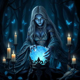 A mystical drow fortune teller in a dark, enchanted forest